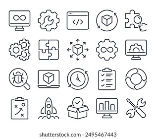 DevOps development and operations concept editable stroke outline icons set isolated on white background flat vector illustration. Pixel perfect. 64 x 64