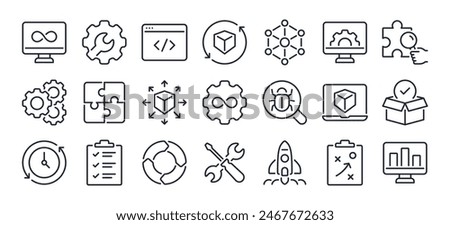 DevOps development and operations concept editable stroke outline icons set isolated on white background flat vector illustration. Pixel perfect. 64 x 64