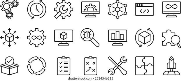 Devops Development And Operations Concept Outline Icons Set On White Background Flat Vector Illustration