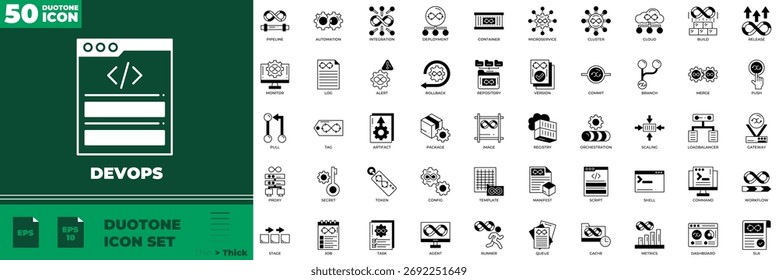 Desenvolve conjunto de ícones editáveis duotônicos. Ilustração vetorial em estilo duotônico fino moderno de devops: entrega, implantação, cd, etc