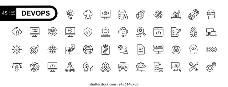  DevOps editable stroke icons set. Includes Coding, Key, DevOps, Release, Strategy and More.