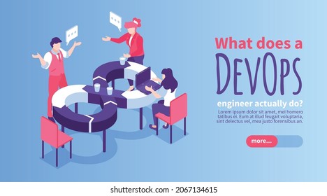 Devops Engineer Horizontal Banner With Team Of Specialists Working At Table In Shape Of Infinity Sign 3d Isometric Vector Illustration