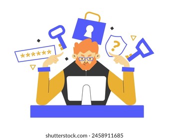 A devops engineer works on a task at the computer. User data protection, cyber security, password recovery. Vector flat illustration with male character.