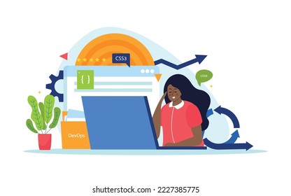 Devops engineering flat composition with black woman character engaged in software development for web page design vector illustration