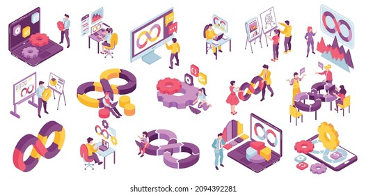 Devops engineering isometric set with color infinity symbol cogwheels characters of programmers at work 3d isolated vector illustration