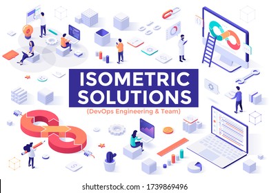 DevOps Engineering and Team set - people working on computers and developing software, programming or coding. Bundle of isometric design elements isolated on white background. Vector illustration.