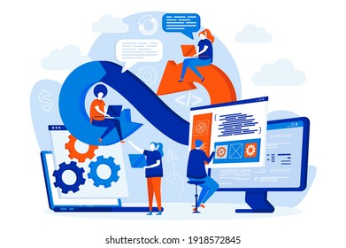 DevOps engineers web design with people. DevOps developers work with computers scene. Development operations composition in flat style. Vector illustration for social media promotional materials.