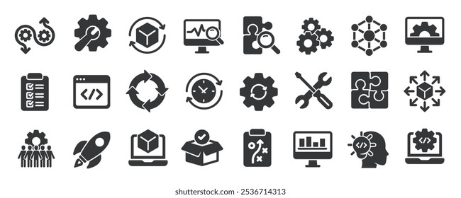 Colección de iconos sólidos de glifo de DevOps. Contiene desarrollo, operaciones, proceso, construcción, producto. Icono mínimo y Ilustración vectorial de la serie de símbolos