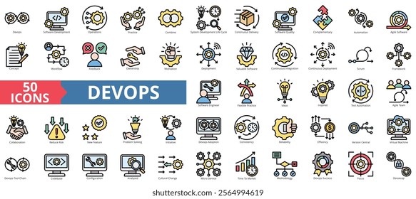 DevOps icon collection set. Containing software, development, operations, practice, combine, system development life cycle icon. Simple flat outline vector illustration