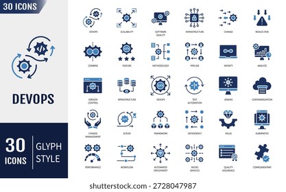 Devops icon set. Automation, deployment, agile workflow, software development, and more. Vector illustration