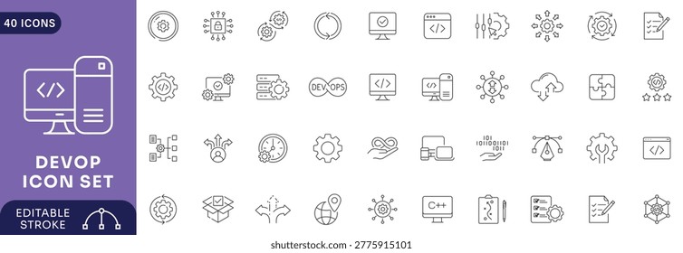 Devops icon set. Containing automation, deployment, agile workflows, software development . Editable stroke.