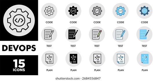Conjunto de ícones DEVOPS com vários estilos e cores de desempenho de sustentabilidade corporativa para triagem de investimentos