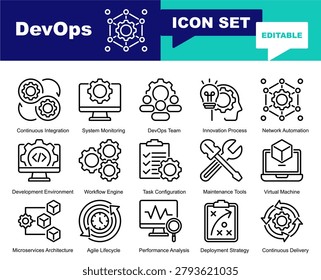 DevOps icon set. Vector symbols for Agile, Automation, Cicd, Coding, Computer, Developer, DevOps, Engineering, Programming, Software