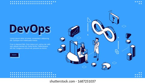 Devops isometric landing page, development and operation specialists work collaboration. Programmer and businesswoman at huge pc. Automation cycles software construction. 3d vector line art web banner