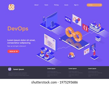 DevOps isometric landing page. Development operations, administration and monitoring isometry concept. Programming and engineering service flat web page. Vector illustration with people characters.