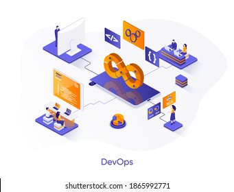 Banner web isométrico DevOps. Concepto de isometría de las operaciones de desarrollo. Escena 3d del servicio de programación e ingeniería, diseño de administración de sistemas informáticos. Ilustración vectorial con caracteres de personas.