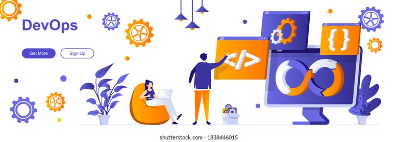 DevOps landing page with people characters. Programming and engineering service web banner. Development operations vector illustration. Flat concept great for social media promotional materials.