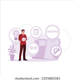 DEVOPS. Life cycle development operations automation and monitoring in all steps of software construction. Trend Modern vector flat illustration