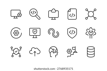 DevOps line icon collection. Software development, operate, agile workflows, deployment, operation, monitoring, collaboration, coding, and infrastructure icons. Editable vector stroke