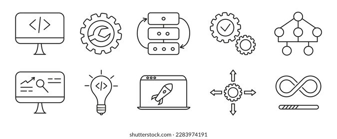 DevOps line icons set. Software development and IT operations.