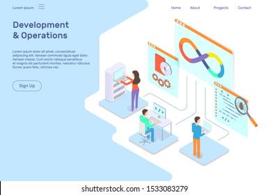 Devops methodology concept with developers software testers and system administrator isometric vector illustration