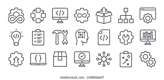 DevOps methodology and software development concept editable stroke outline icons set isolated on white background flat vector illustration. Pixel perfect. 64 x 64. - Shutterstock ID 2248506637