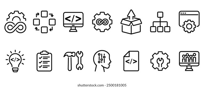 DevOps methodology and software development concept editable stroke outline icons set isolated on white background flat vector illustration. stock vector.
