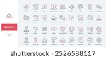 DevOps, methodology in software development line icon set. Operations and task of developers, automation, digital cloud system and infrastructure thin black and red outline symbols vector illustration