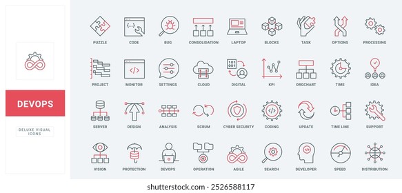 DevOps, methodology in software development line icon set. Operations and task of developers, automation, digital cloud system and infrastructure thin black and red outline symbols vector illustration