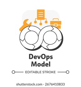 Ícone de conceito de estrutura plana do modelo DevOps. Desenvolvedor de software, codificação. Operações de TI. Hacking, desenvolvimento. Ilustração de linha moderna com glifos laranja. Visual conceitual. Fácil de editar