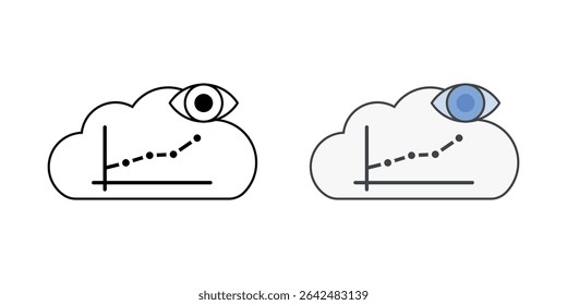 DevOps monitoring icon with a cloud, eye, and performance graph, in outline and color styles, ideal for tracking system health, metrics, and performance in cloud operations.