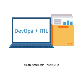 DevOps Plus ITIL. Laptop With A Folder With Documents And Graphs. Vector Flat Illustration