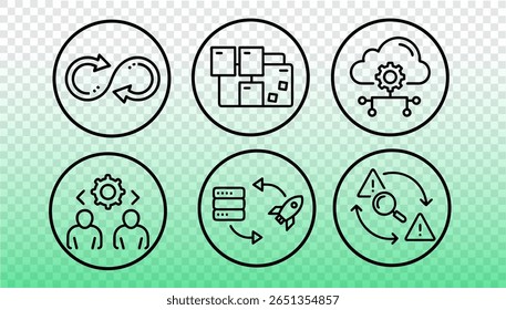 DevOps process automation icons set. Software development continuous delivery pipeline. IT infrastructure deployment monitoring security. Line style green background vector