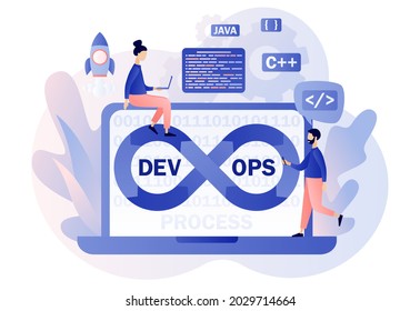 DevOps process on laptop. Tiny programmers practice of development and software operations. Software engineering culture. Modern flat cartoon style. Vector illustration on white background