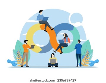 DevOps Programmers Concept, Showing a team of developers doing programmers using devOps methods, Suitable for landing page, ui, web, app intro card, editorial, flyer and banner, Vector Illustration.