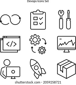 DevOps related editable stroke outline icons set isolated on white background vector illustration. Software systems development.