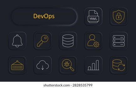 DevOps set icon. Bell rings alert. Key unlocks access. Database stacks layers. Person operates gear. Server stacks layers. Crane lifts container. Cloud downloads data. Magnifier finds bug. Bar chart