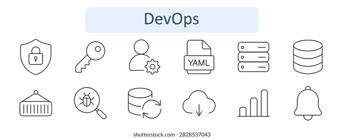 Devops set icon. Lock shield, key access, user gear, yaml file, server stack, database cylinder, crane container, bug search, cycle database, cloud download, bar chart, bell alert.