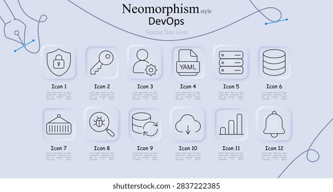 Devops set icon. Lock shield, key access, user gear, yaml file, server racks, database cylinder, container crane, bug search, refresh database, download cloud, bar graph, bell alert.
