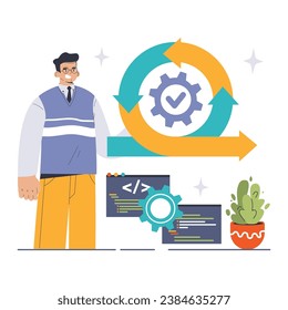 DevOps. Software development methodology. Software development and it operations life cycle, programming and IT service integration and automation. Flat vector illustration