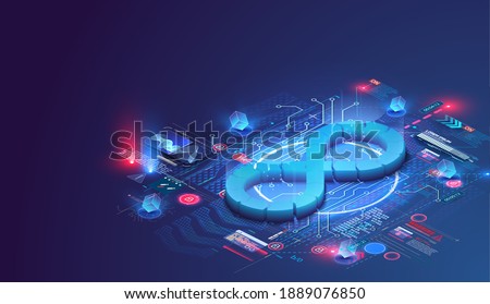 Devops software development operations infinity symbol. Web development concept in isometric design. Developing of internet app, online website service.  Landing page layout or banner template. Vector