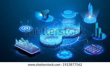 Devops software development operations infinity symbol. Web development concept in isometric design. Developing of internet app, online website service. Landing page layout or banner template. Vector