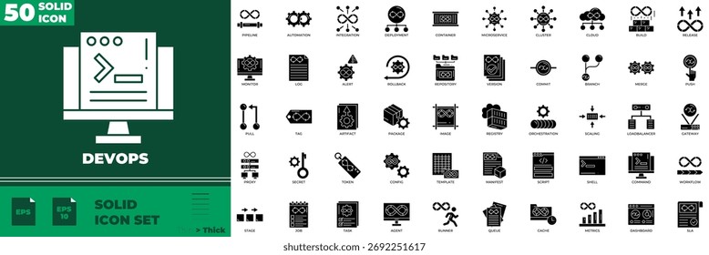 Desenvolve o conjunto de ícones editáveis sólidos. Ilustração vetorial em estilo sólido fino moderno de devops: entrega, implantação, cd, etc