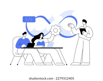 Ilustración vectorial de concepto abstracta del equipo DevOps. Miembro del equipo de desarrollo de software, flujo de trabajo ágil, modelo de equipo DevOps, trabajo en equipo de TI, gestión de proyectos, metáfora abstracta de prácticas integradas.