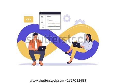 DevOps Team Collaboration and Continuous Integration. Vector Flat Illustration