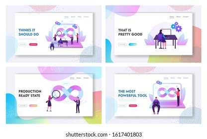 Devops Teamwork Website Landing Page Set. Programmer, User and Administrator Professional Software Support, Software Development and Administration Web Page Banner. Cartoon Flat Vector Illustration