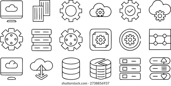 DevOps vector icons set, code, cloud, gear, CICD, server, API, container, monitor, deploy, automation script, dashboard, tools, commit, pull request, testing, debug, database