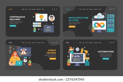 DevOps web banner or landing page dark or night mode set. Software development and it operations life cycle, programming and IT service integration and automation. Flat vector illustration