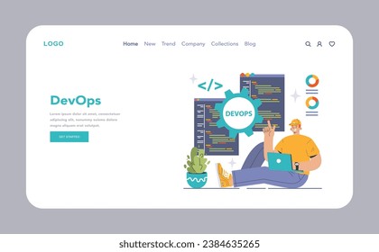 DevOps web banner or landing page. Software development methodology. Software development and it operations life cycle, IT service integration and automation. Flat vector illustration