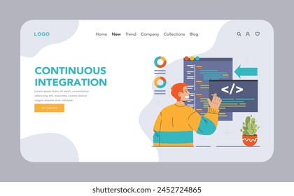 Anuncio de Web o página de destino de DevOps. Metodología de desarrollo de software. Desarrollo de software y ciclo de vida de las operaciones de TI, integración de servicios de TI y automatización. Ilustración vectorial plana